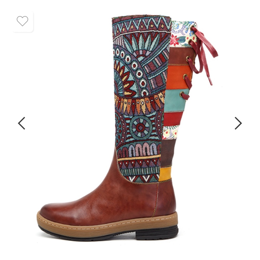 SOCOFY Embroidery Shoe Splicing Pattern Flat Leather Knee Boots size 8